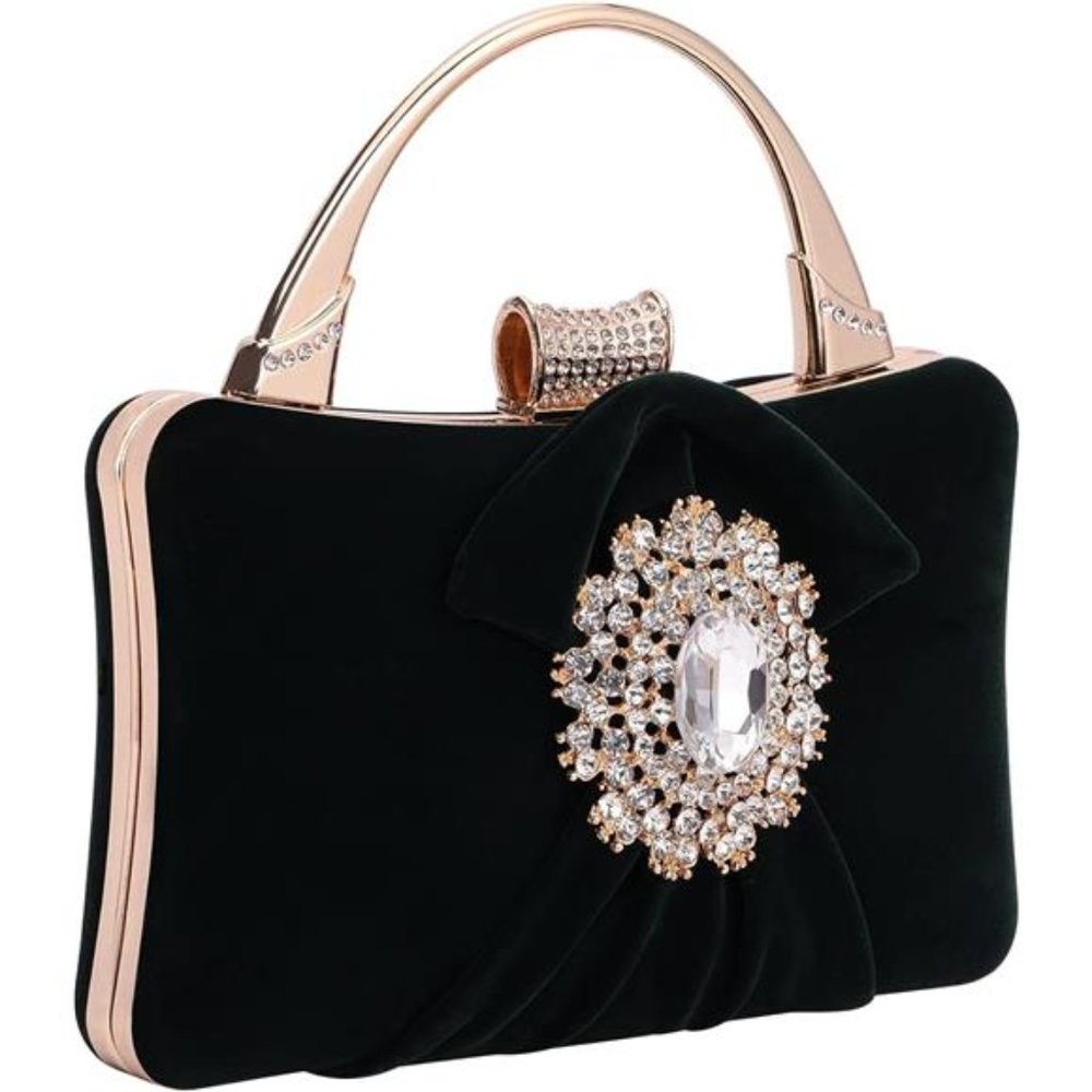 Velvet Evening Bags  with Flower Closure and Rhinestone Crystal Embellish-Clutch